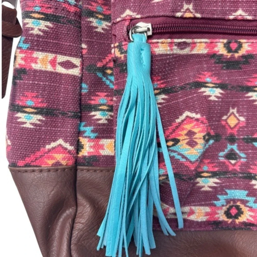 Southwestern Canvas Backpack Burgundy Brown Boho Multiple Pockets‎ Medium